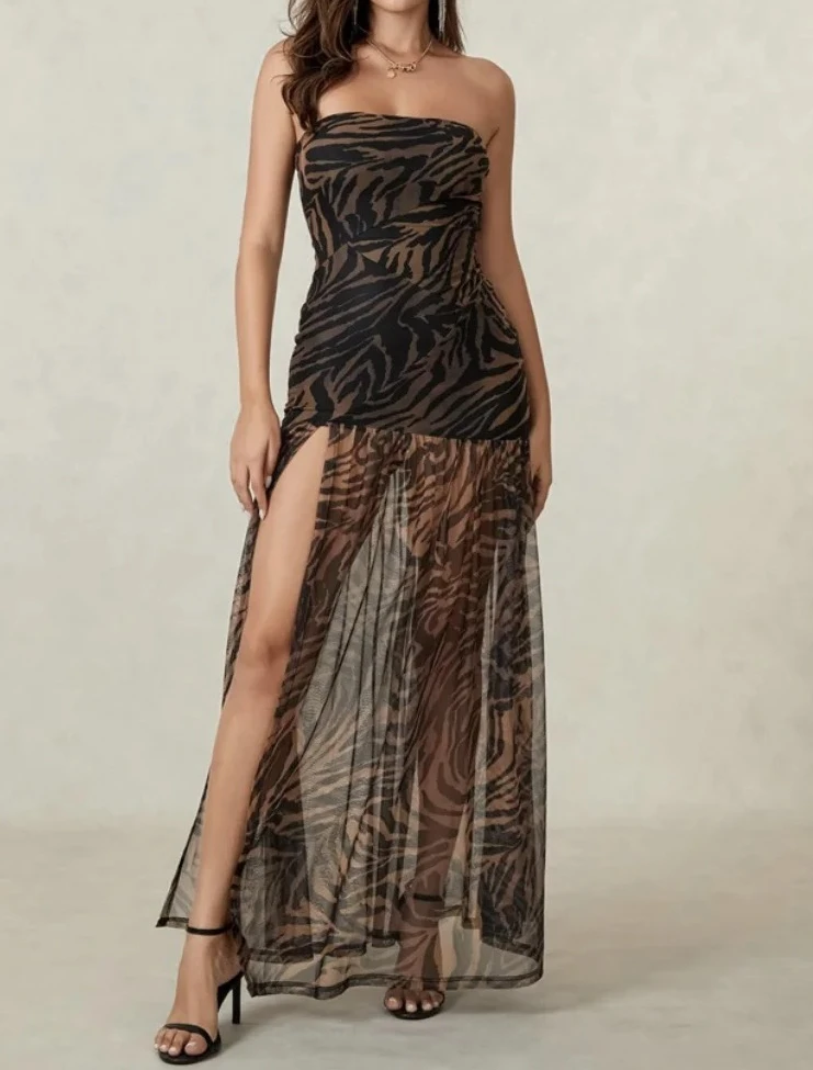 

Женское шикарное платье без бретелек с зебровым принтом, сексуальное, без рукавов, с открытой спиной, прозрачное, с разрезом, летнее, для отпуска и вечеринок