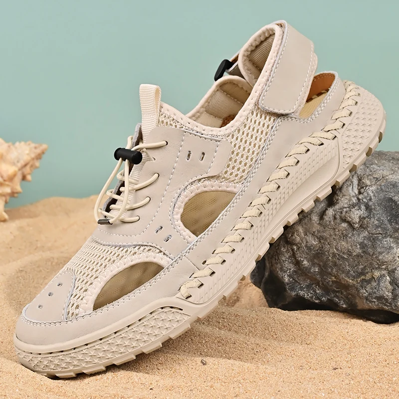 Sandalias con punta de cuero para hombre, zapatos de playa, hechos a mano, de malla, para ocio al aire libre, novedad de verano