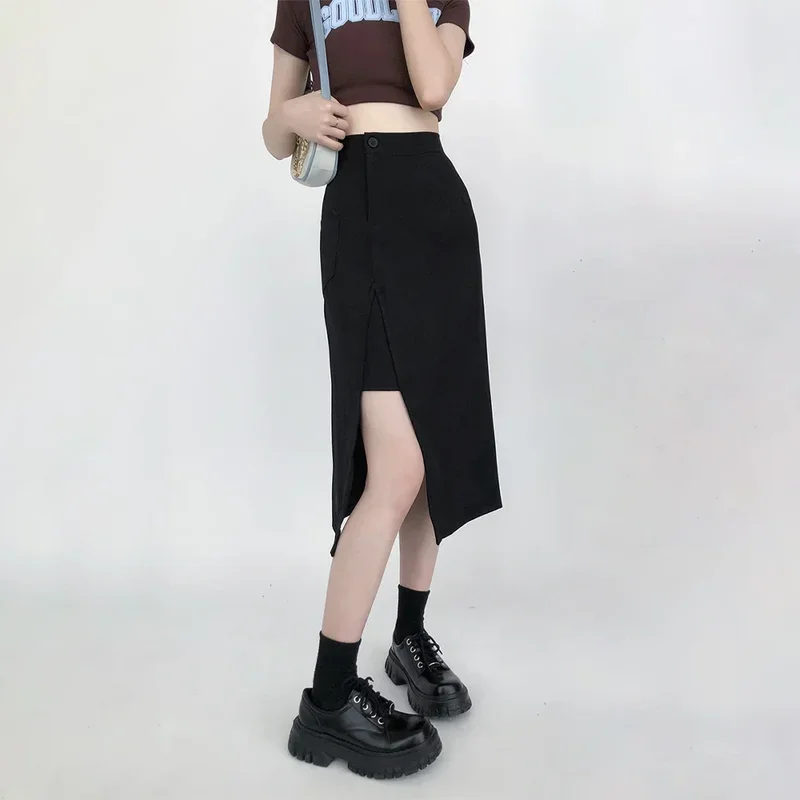 Black Suit Skirts Women Mid-calf College A-line Summer Side-slit High Waist Korean Style All-match Streetwear Female Plus Size