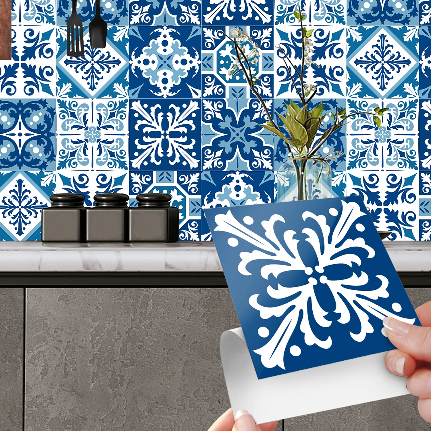 10 pcs/pack, blue white porcelain PVC Self-Adhesive Tile Stickers - Waterproof, Oil-Proof, Easy to Clean for Home Decoration