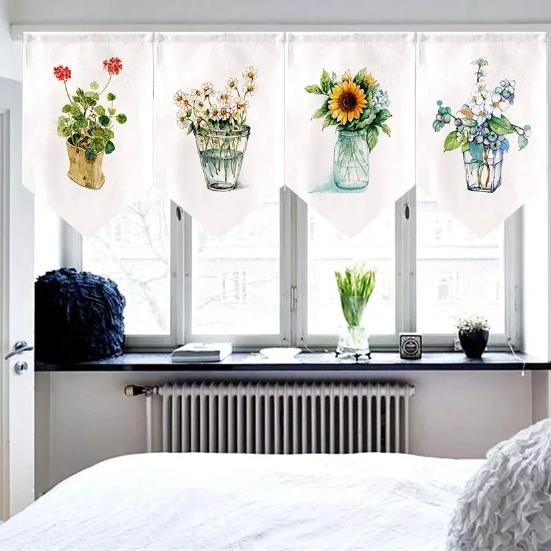 VIKAMA Watercolor Floral Triangle Valance Curtain, Jar Wildflower Print Short Window Curtain for Kitchen Cafe Decor