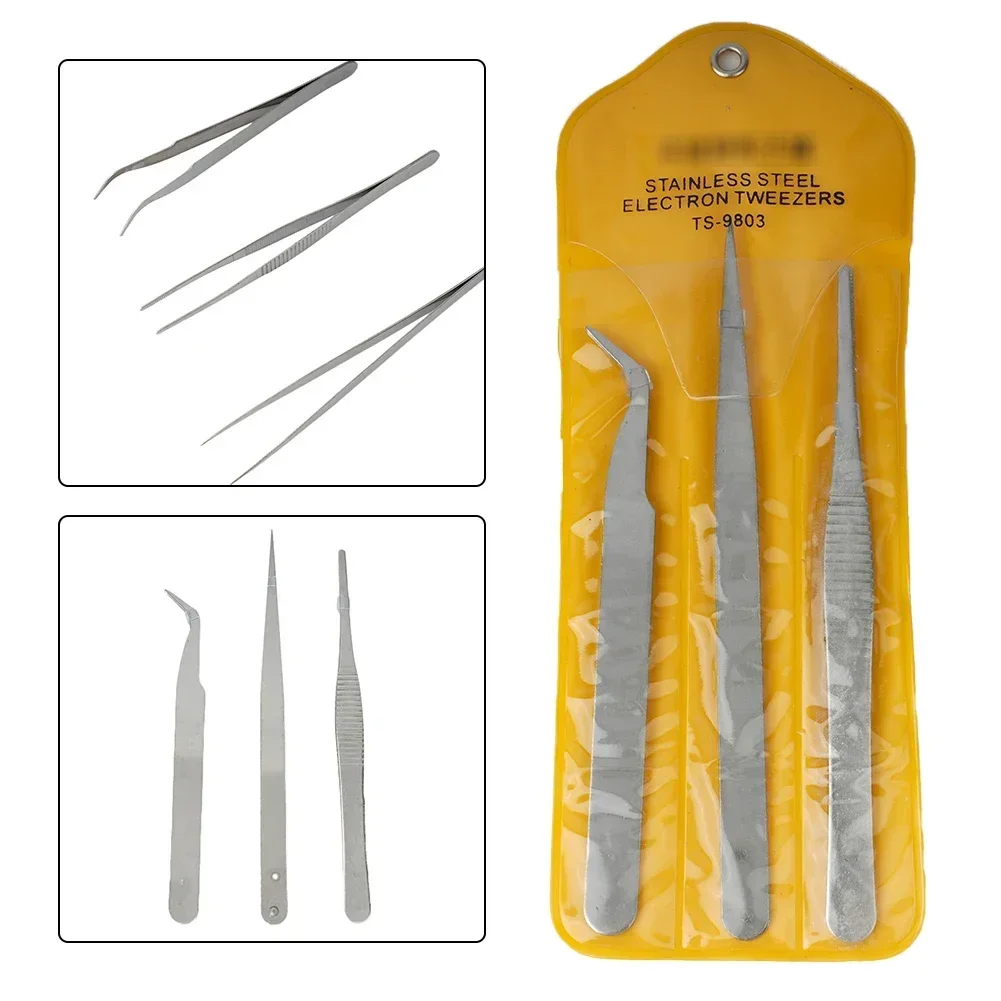 3pcs Electronics Industrial Tweezers Precision Anti-static Curved Straight Tip Stainless Forceps Phone Repair Hand Tool