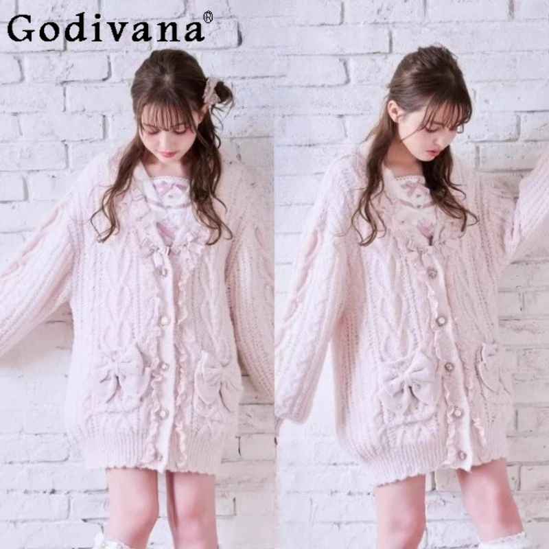 

2026 Japanese Liz Mass-Produced Soft Knit Cardigan Girls Women's Lolita Heart Button Large Bow Loose Sweater Jacket Coat Spring
