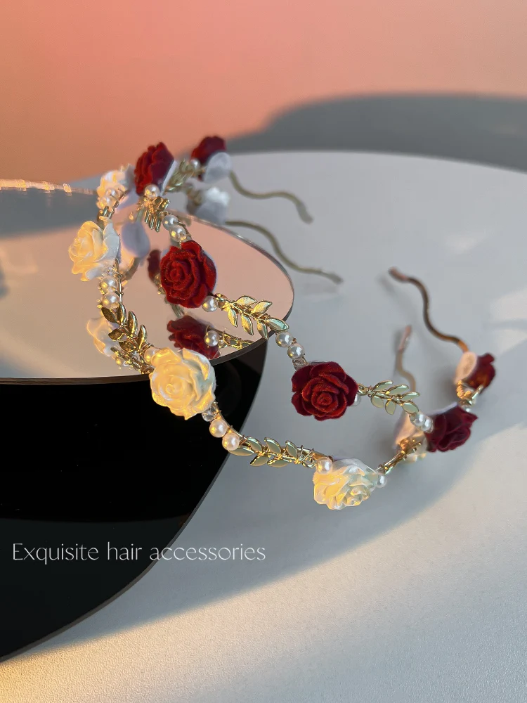 Ladies Elegant Rose Vine Headband Hair Accessories Headdress Girls Vintage Metal Flower Pearl Red White Rose Tiara Hairbands