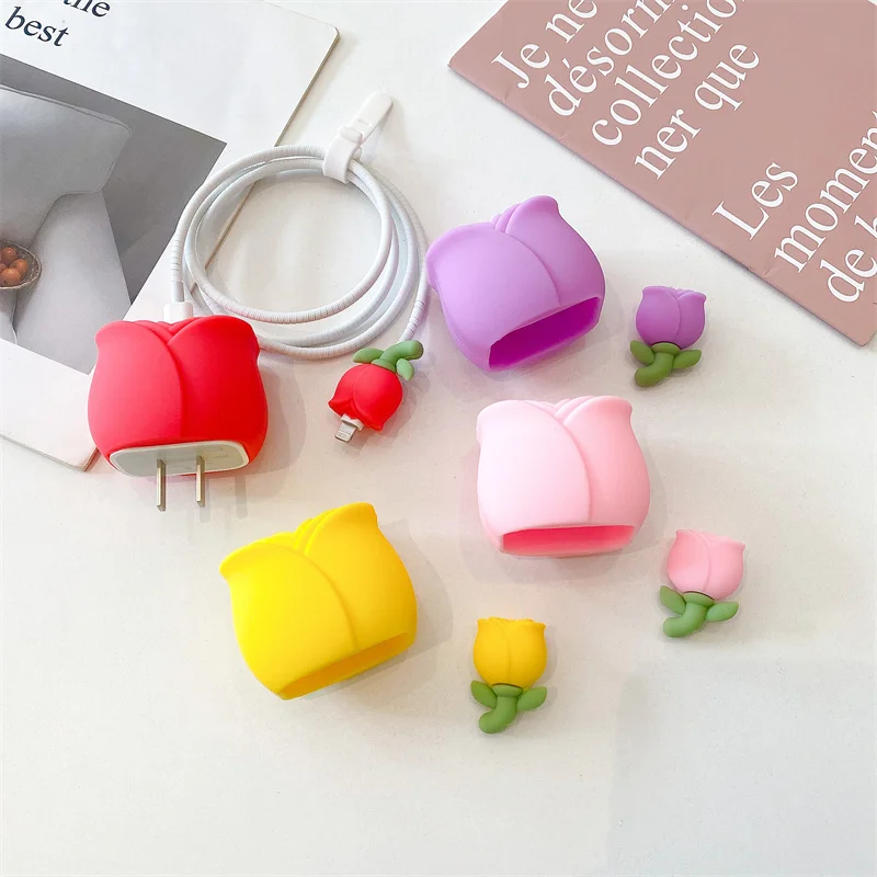 3D Cute Flowers Soft Silicone Charger Protective Case For IPhone 11 12 13 14 18W-20W Fast Charge Protection Charger Case Sleeve