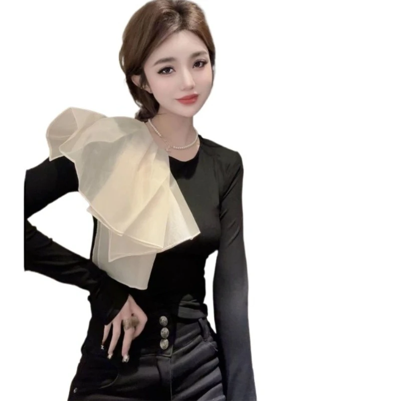 

Fall and Winter New Contrasting Color Irregular Mesh Ruffle Edge Splicing Slim and Thin Internet Celebrity Popular Fashion Shirt