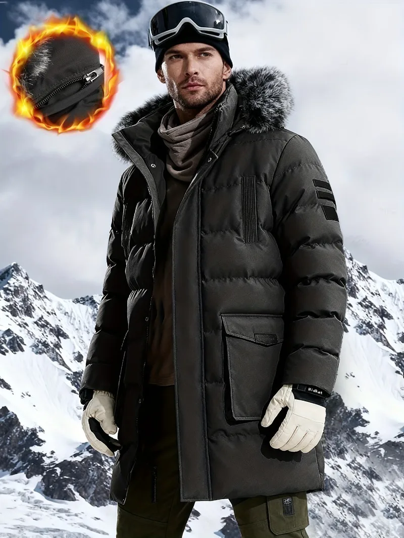 

Мужская зимняя термокуртка со съемным капюшоном и застежкой на молнии — толстое утепленное пальто, молния спереди, большие карманы