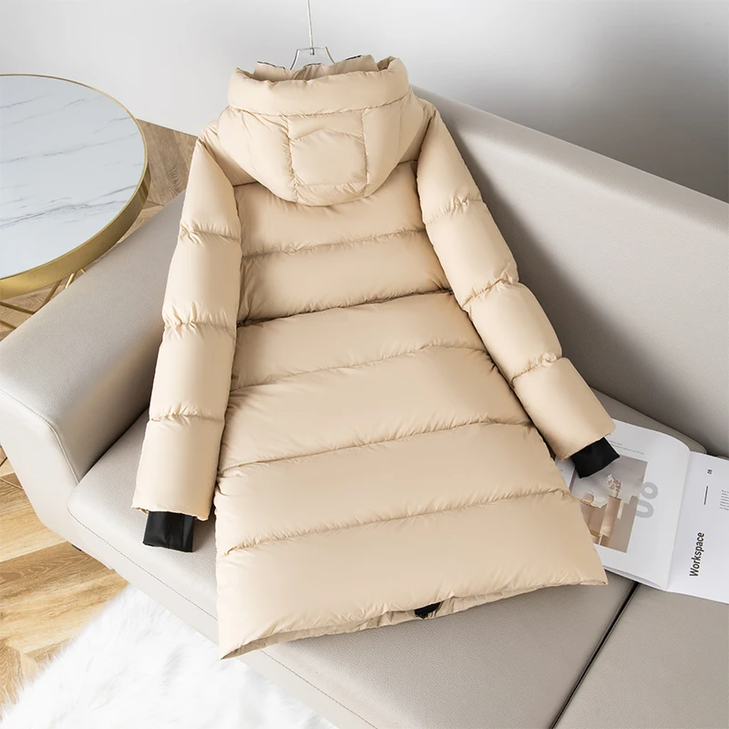 Cordon de serrage taille doudoune d'oie femmes automne hiver 2025 nouveaux manteaux longs à capuche épaissir 90 blanc duvet d'oie haute moelleux