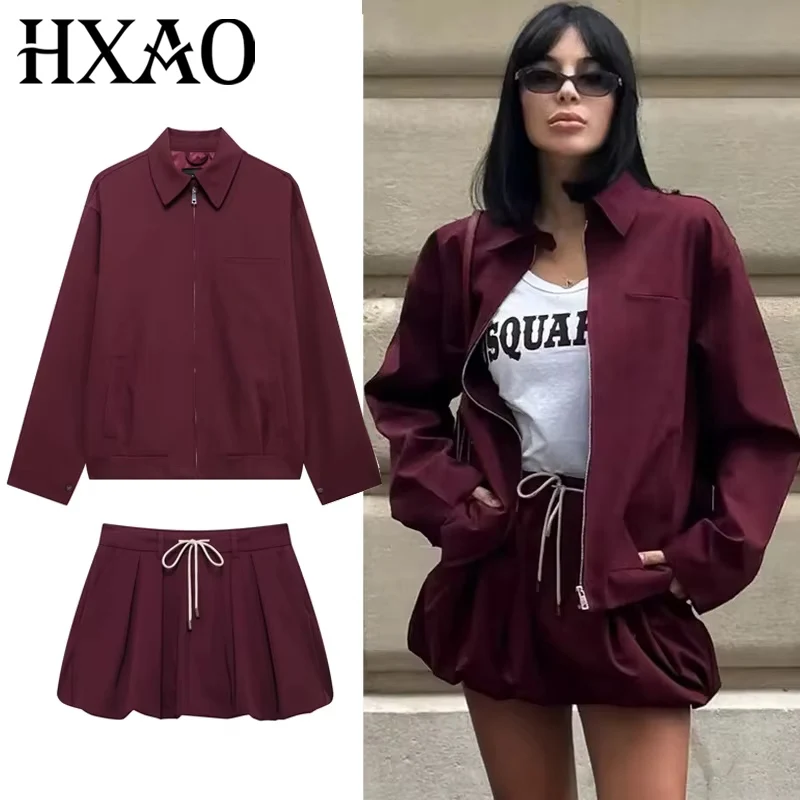 HXAO バルーンスカートセット レディース 2点セット 秋 デミシーズン ジャケット レディース ツーピースセット 長袖 アウター プリーツスカート