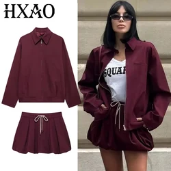 HXAO Balloon Skirt Sets For Women 2 Pieces Autumn Demi-Season Jacket Women's Two Pieces Set Long Sleeve Outerwears Pleated Skirt