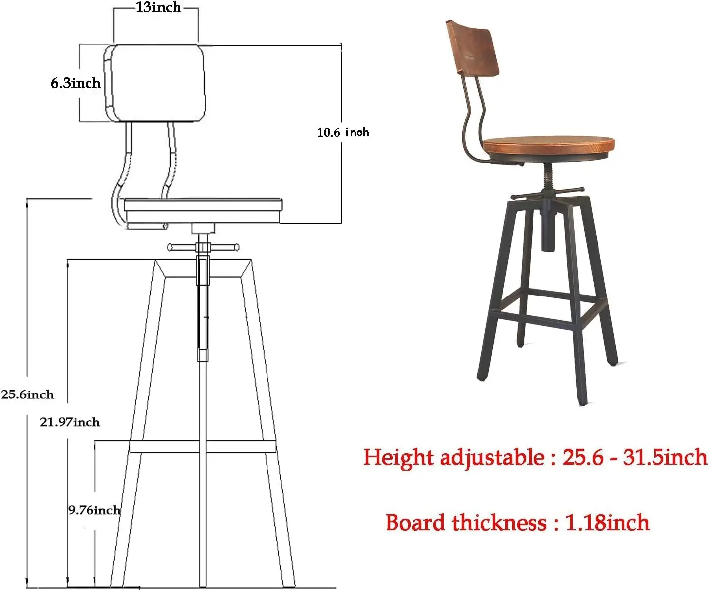 Industrial Bar Table & Stool Set 5-Piece Pipe Dining Pub Counter Height Adjustable Backrest Black, Customized - view 5