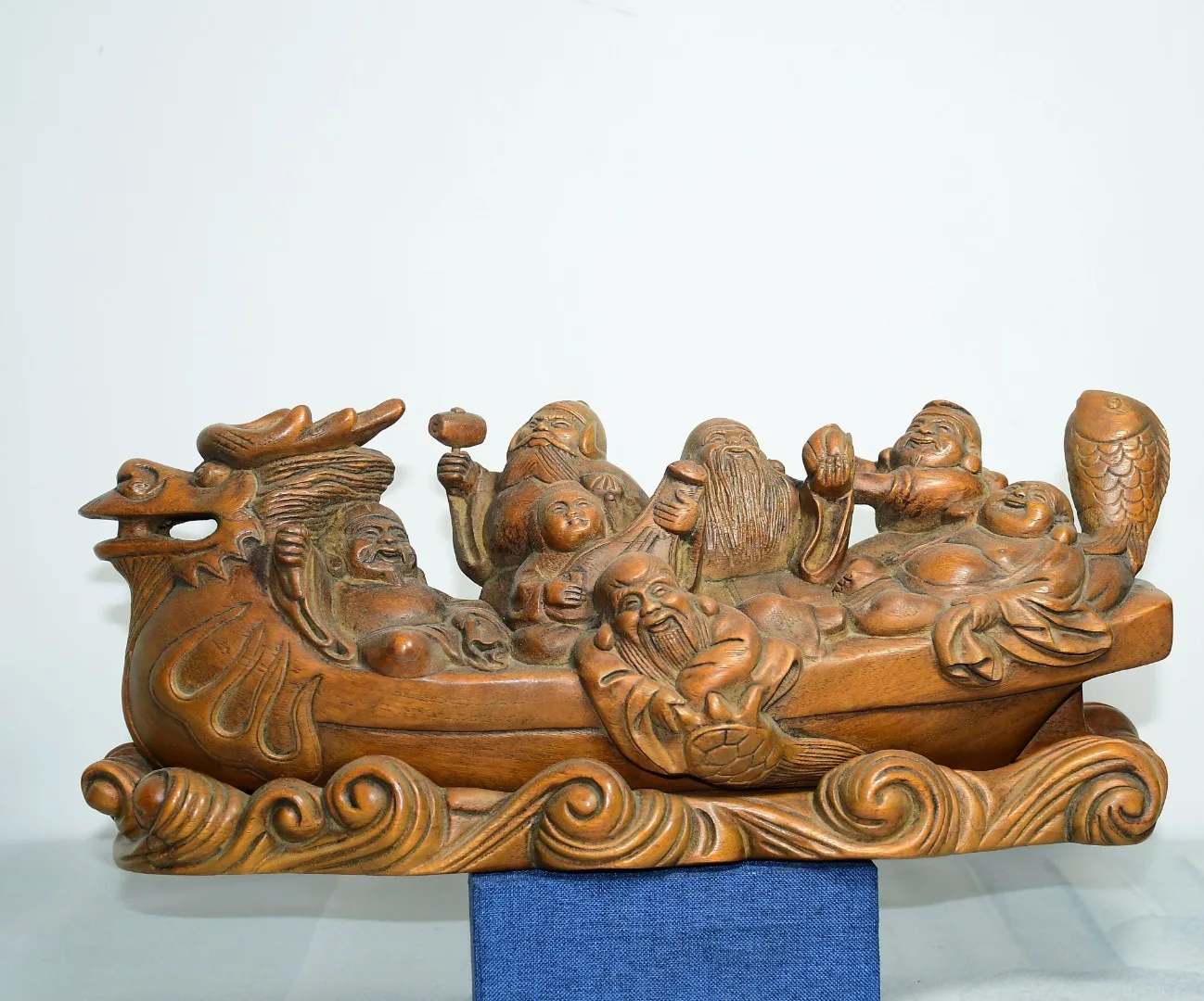 Old Boxwood Fu Lu Shou Three immortals child Statue Loong Boat screen Wenfang Worship Hall