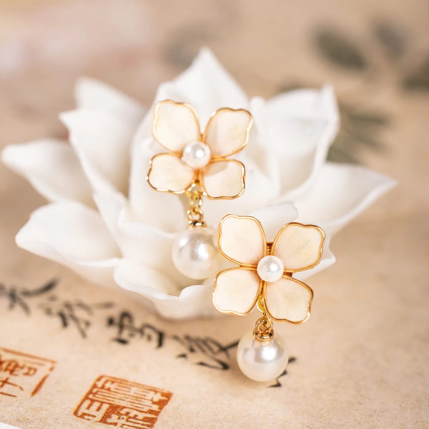 Chinese Hanfu Style Light Yellow Velvet Flower Faux Pearl Dangle Earrings Traditional Chinese Aesthetic Ear Jewelry For Women