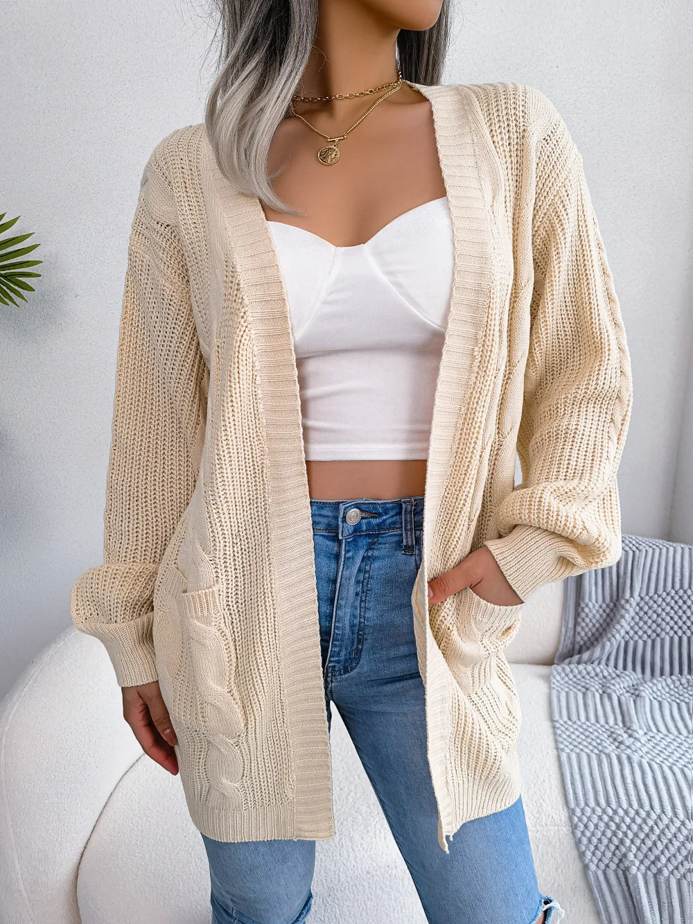 2025 Otoño Invierno mujer suéter Tops suéteres mujer linterna manga Casual bolsillo cárdigan suéter chaqueta