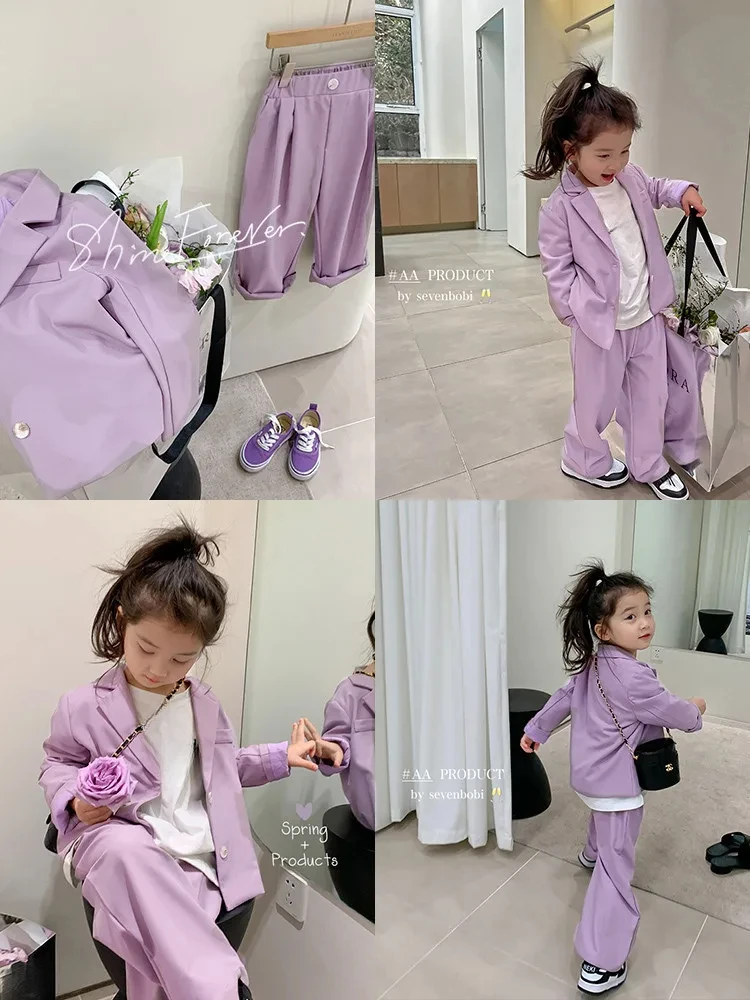 Childrens Clothing Girls Suit 2024 Spring New Item Baby Purple Jacket Pants New Two-piece Set Kids Clothes Girls