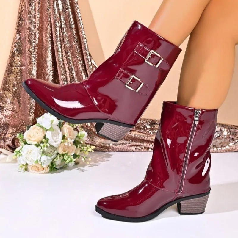 Women's Boots Pointed Toe Mid Block Heel Patent-Look Finish Buckle Strap Accents Casual Daily Walk Outdoor Active Walking Shoes
