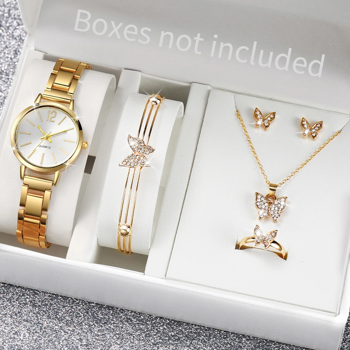 6PCS/Set Fashion Women\'s Watch Gold Steel Band Quartz Watches Butterfly Jewelry Set（Without Box）