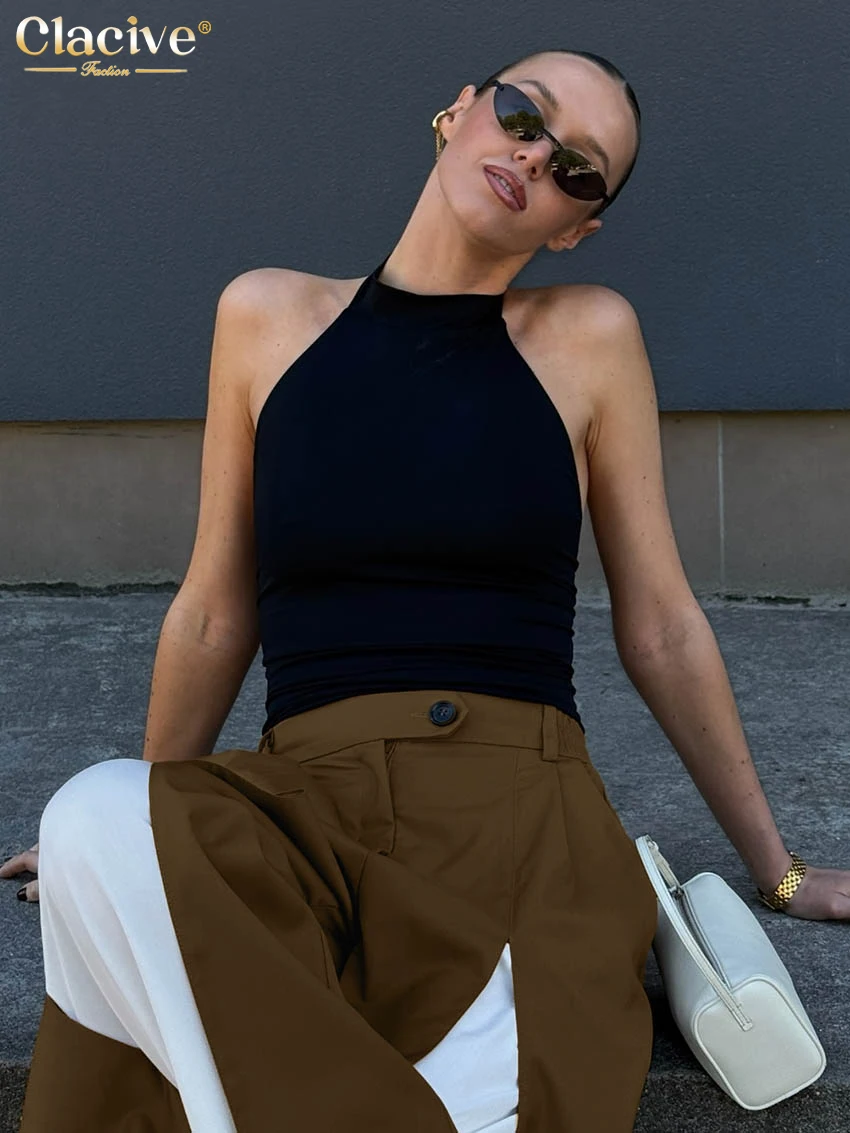 Clacive Fashion Loose Brown Women's Pants 2025 Vintage High Waist Wide Trousers Elegant Classic Patchwrok Pants Female Clothing