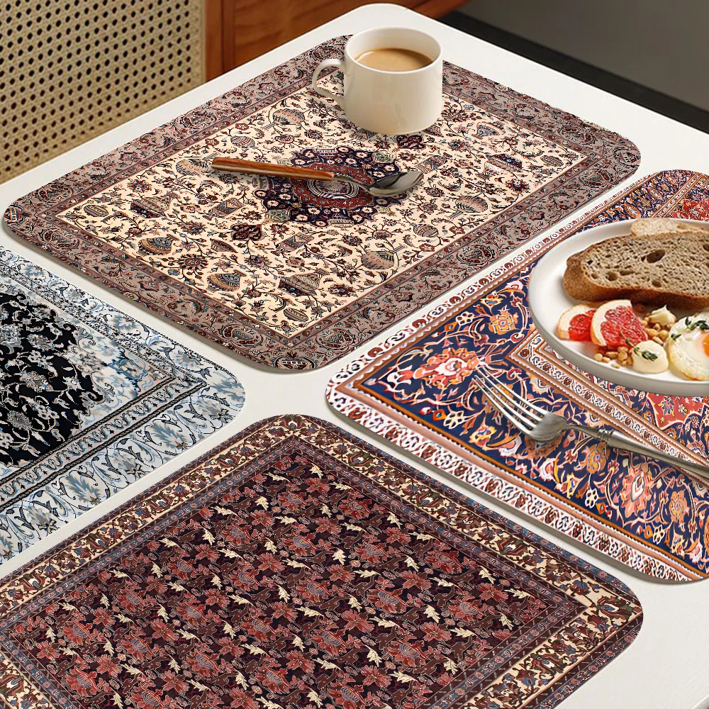 Boho Persian Rug Pattern Coffee Dish Quick Drying Kitchen Absorbent Drained Placemat for Table Bathroom Kitchen Draining Pads