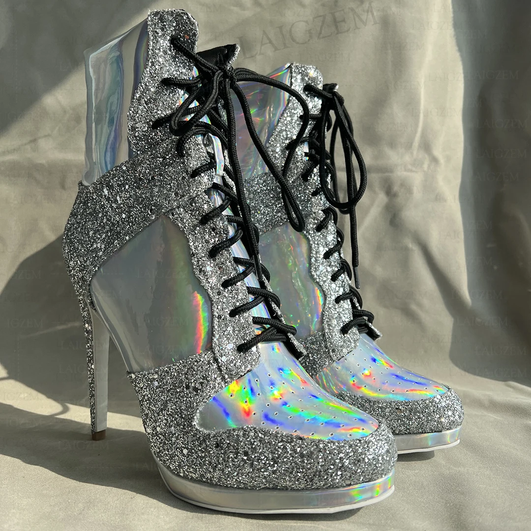 

LAIGZEM Women Ankle Boots Round Toe Bling Glitter Thin High Heels Lace Up Short Boots Cosplay Ladies Big Size 4143 45 46 47 52