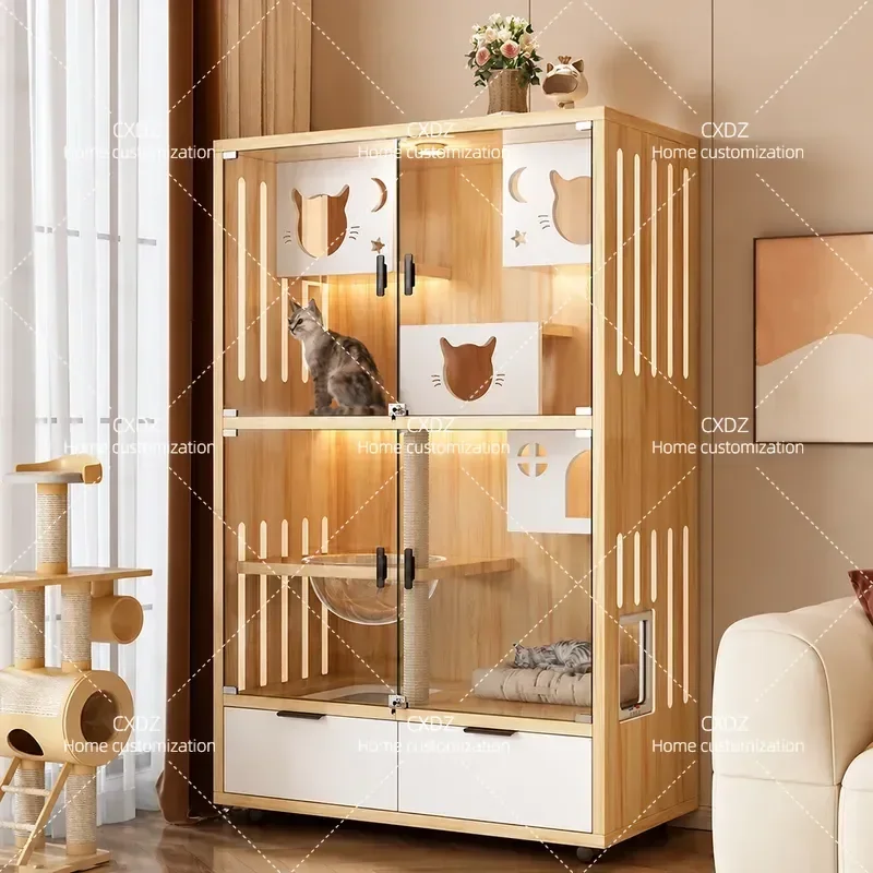 Wholesale Solid Wood Cat Villa Pet Cabinet Indoor Oversized Cat House Cage Summer Wooden Pet Furniture for Cats