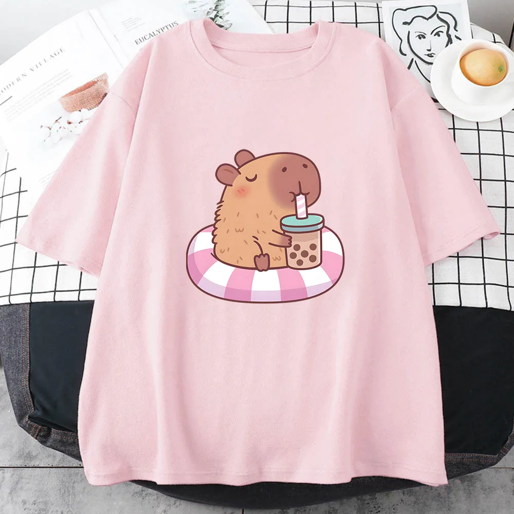 Capybara Loves Drinking Bubble Tea Tshirt Women Japanese Anime Streetwear T Shirt Female Harajuku Korean Style Clothing Custom