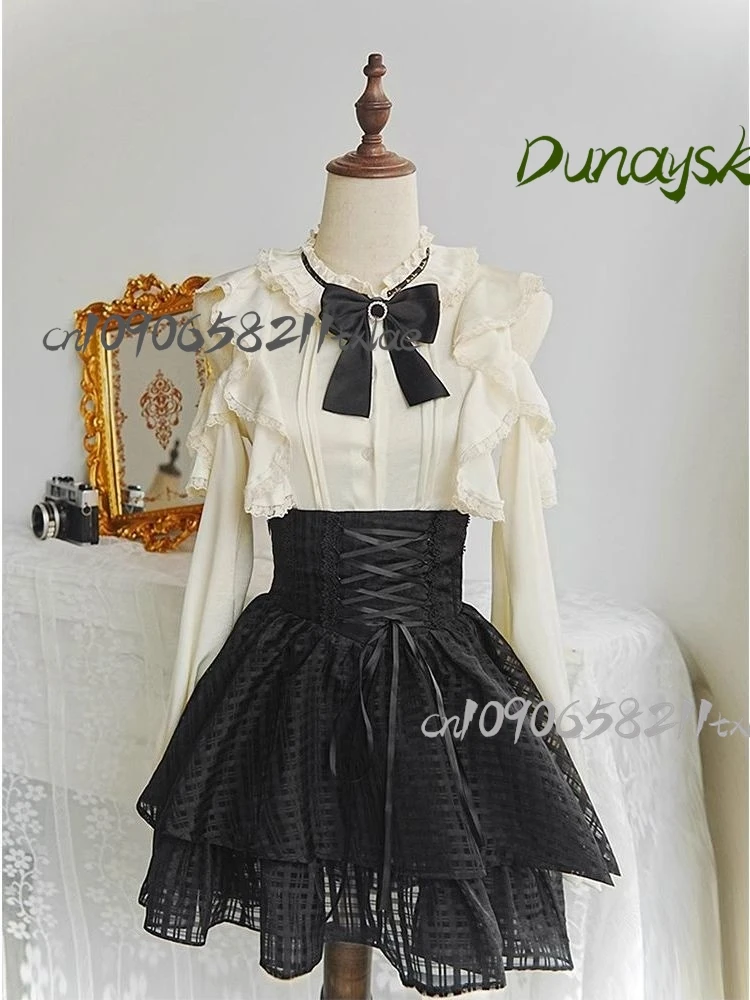 Jirai Kei gótico oscuro subcultura femenina encaje negro recortado camisa de manga larga falda conjunto disfraces Cosplay fiesta diaria Halloween