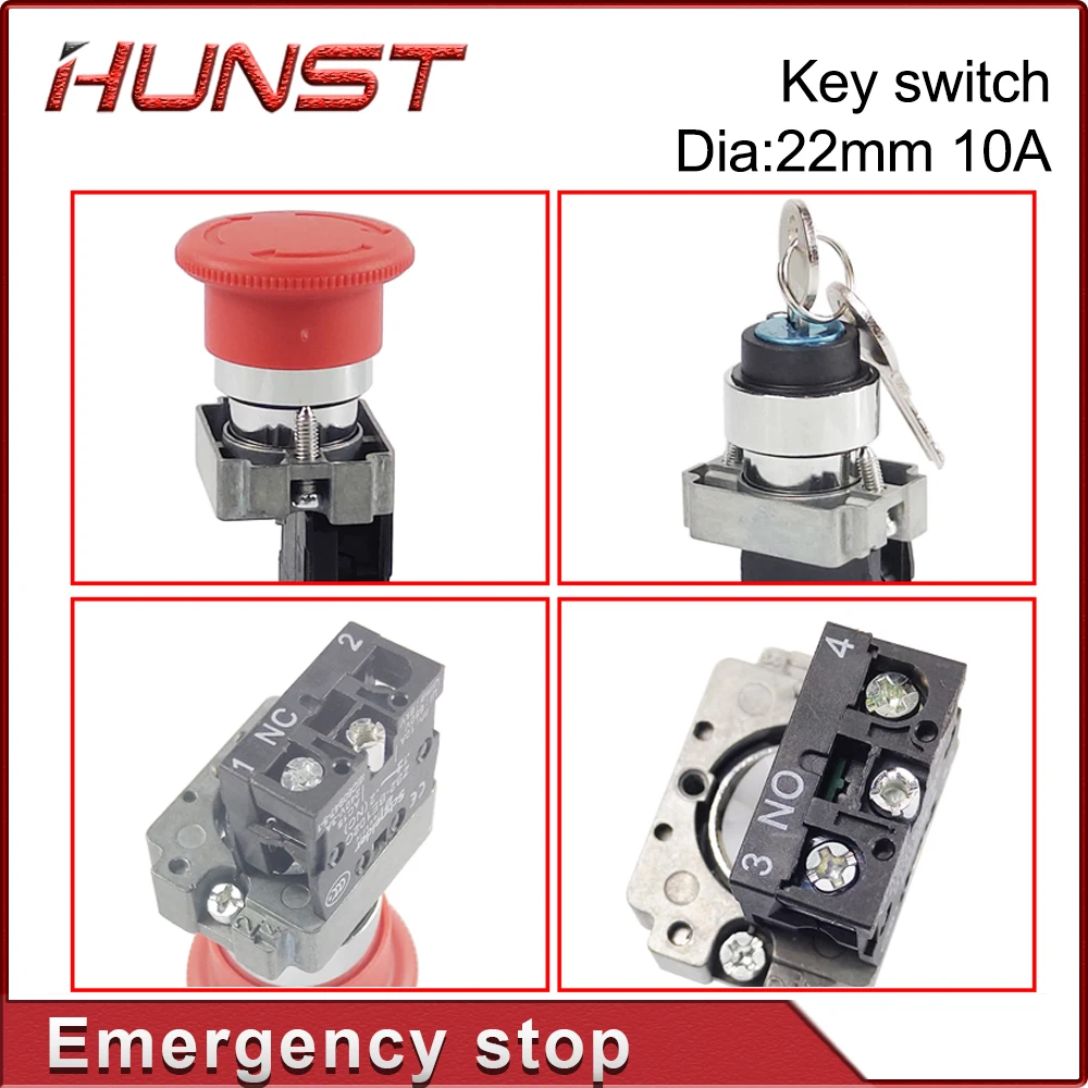 Hunst Emergency Stop Button NC Key Switch NO AC15 10A for CO2 Laser Engraving Cutting Machine
