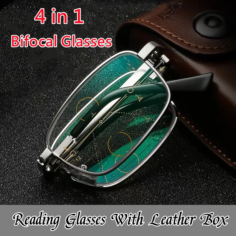 

4 in 1 Bifocal Folding Reading Glasses Unisex Collapsible Metal Lenses With Leather Box Farsighted Eyeglasses Diopter Glasses