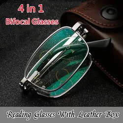 4 in 1 Bifocal Folding Reading Glasses Unisex Collapsible Metal Lenses With Leather Box Farsighted Eyeglasses Diopter Glasses