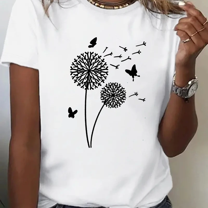 Dandelion impressão tripulação pescoço camiseta feminina menina harajuku y2k 90s casual manga curta topo para primavera verão, roupas femininas