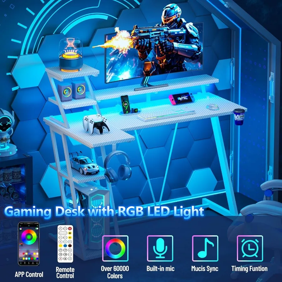 مكتب ألعاب أبيض مقاس 39 بوصة مع أضواء LED ومخرج طاقة مدمج ومكتب كمبيوتر على شكل حرف L مع أرفف تخزين وشاشة #4