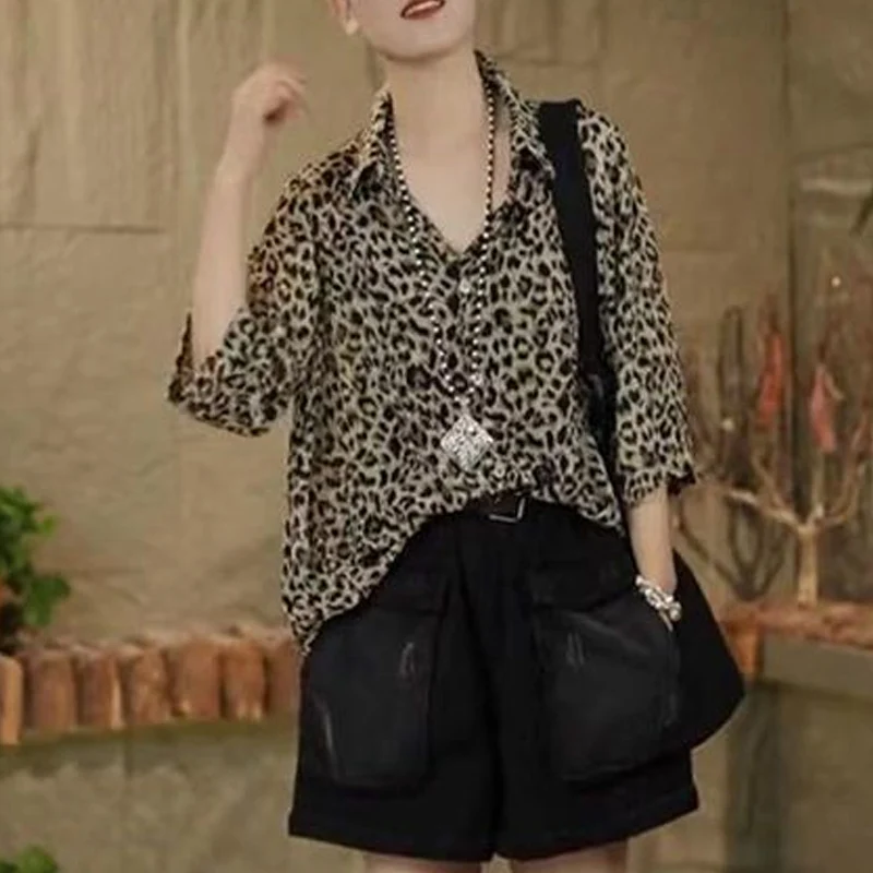 Spring Summer Leopard Loose Casual Shirt Women Turn-down Collar Single Breasted Long Sleeve Blouse Ladies Thin Style Cardigan