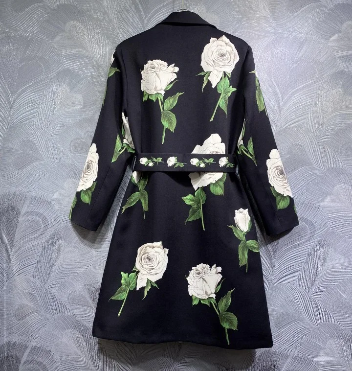 High Quality New Long Coat 2024 Autumn Winter Trench Lady Elegant Floral Print Adjustable Belt Long Sleeve Black Coat Outerwear