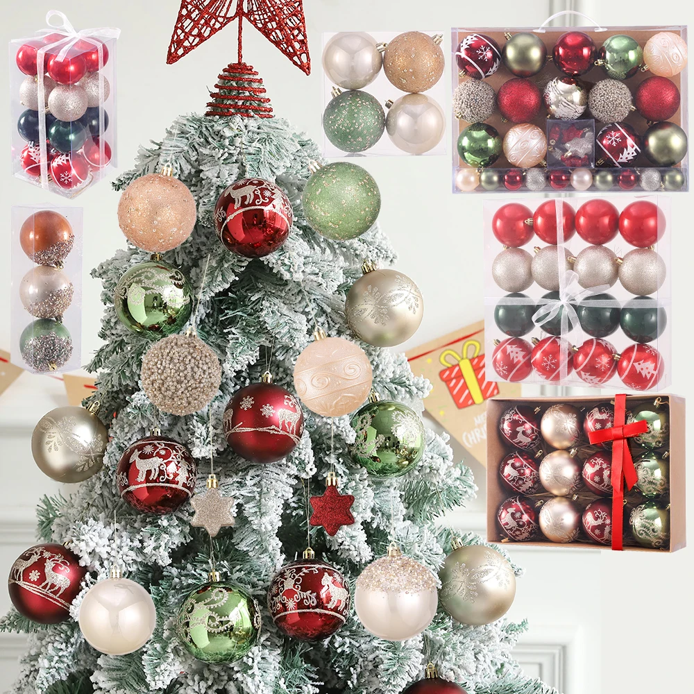 

1Box Christmas Balls Xmas Ornaments Red Green Champagne Elk Snowflake Hanging Pendants New Year Noel Navidad Xmas tree Toys 2025