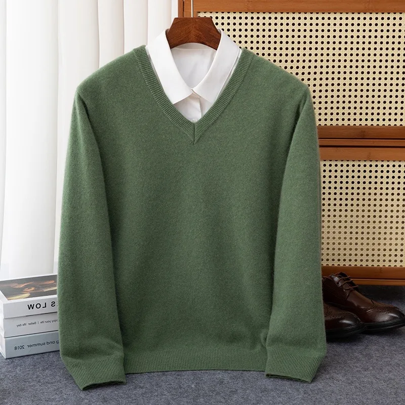 Maglione di lana da uomo Pullover con scollo a V Autunno Inverno Cashmere Caldo solido Maglieria Abbigliamento Business Bottoming Top morbidi