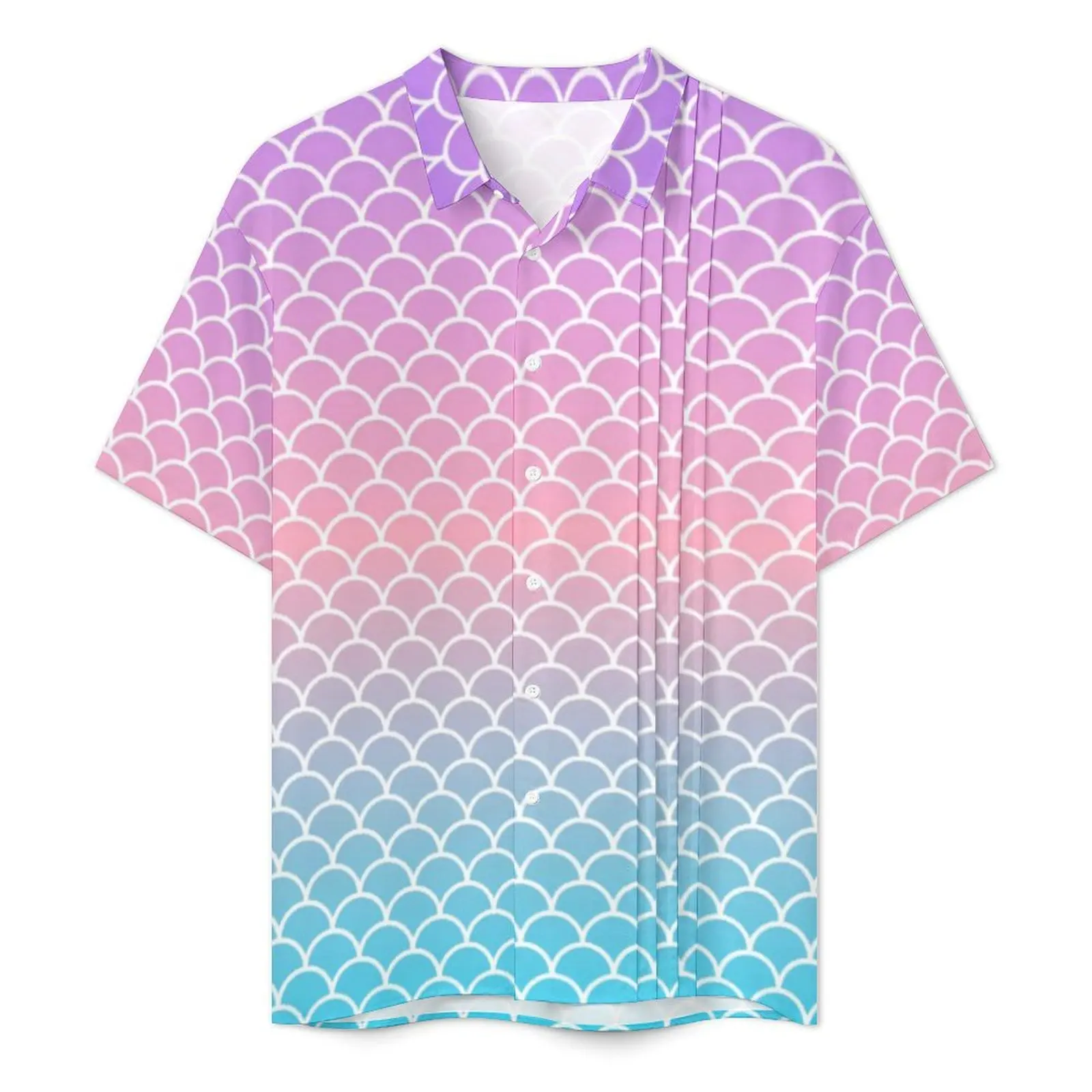 Ombre Mermaid Scales Hawaiian Shirt For Male Beach Blue Purple Casual Shirts Short-Sleeve Y2K Street Retro Oversized Blouses