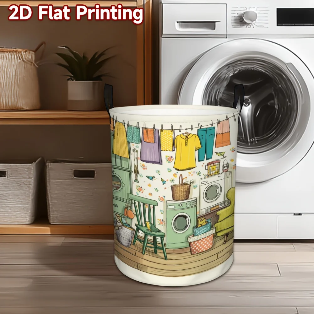 

Laundry Hamper with Washing Machine Cover Pad Design Foldable Large Capacity Clothes Basket Cute LaundryThemed Print