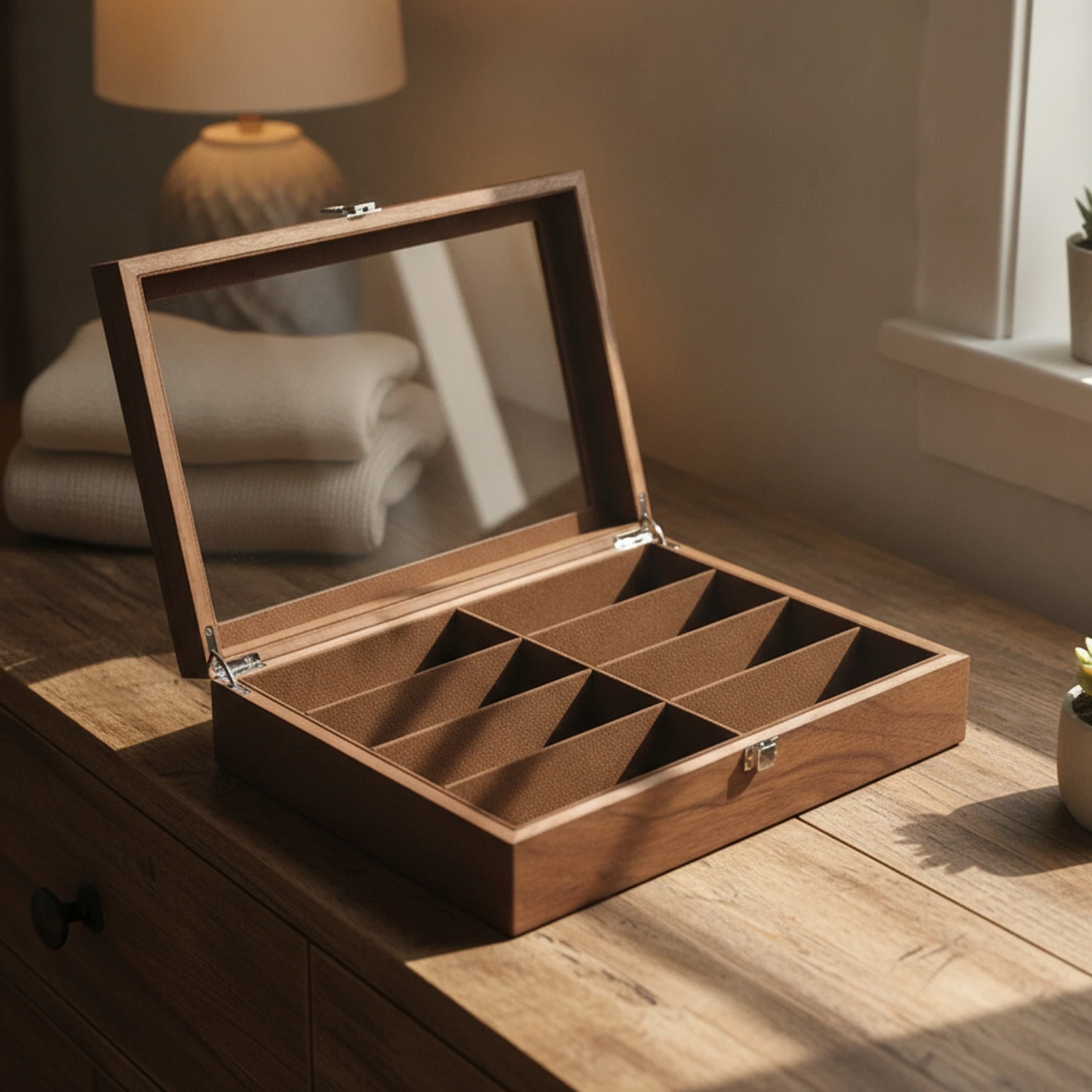 Wood Storage Box with Glass Lid Rectangular 8-Compartment Organizer for Collectors, Dresser, Desk