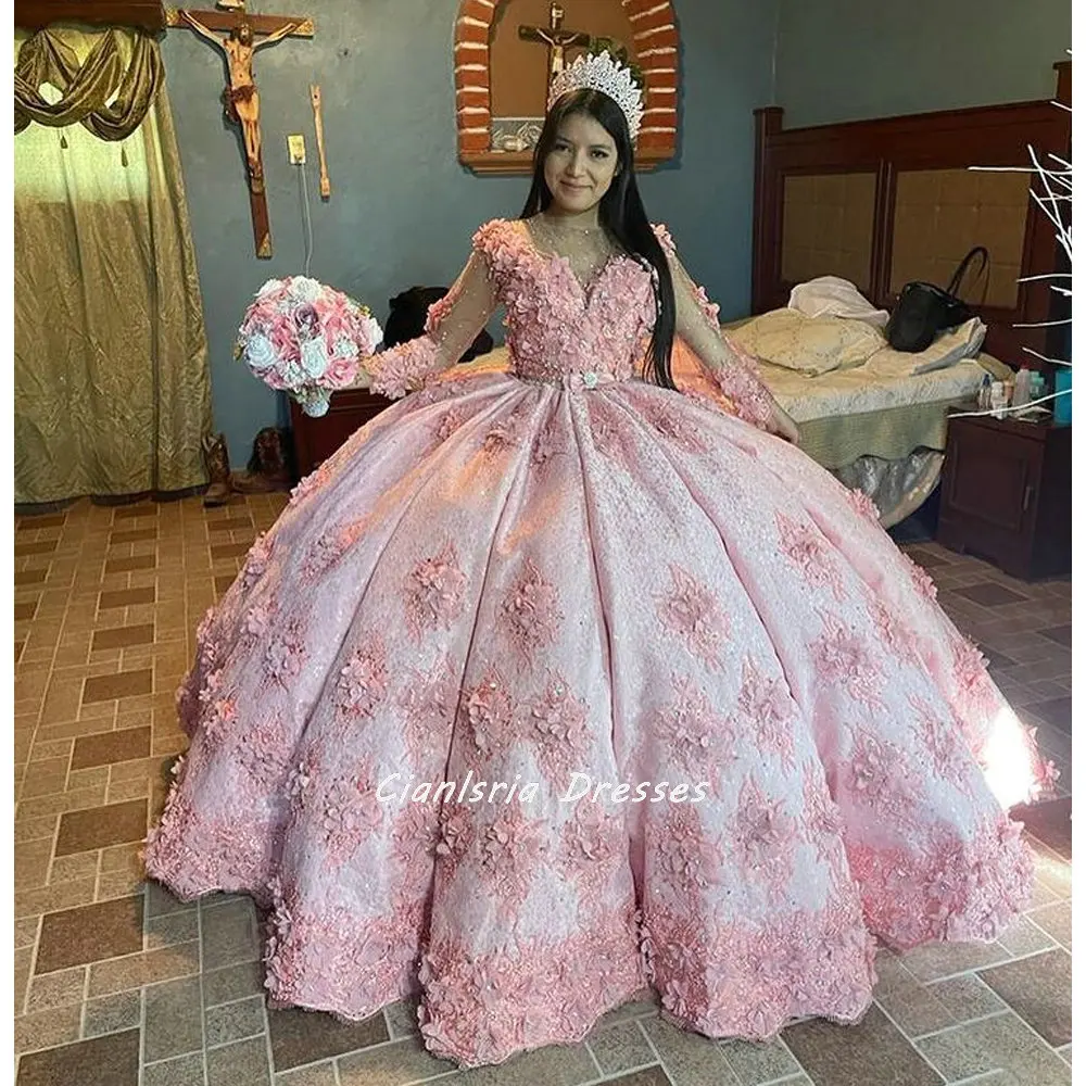 Rosa 3d flores arco faixas vestido de baile quinceanera vestidos de manga longa pérolas apliques florais rendas espartilho doce 15 meninas festa