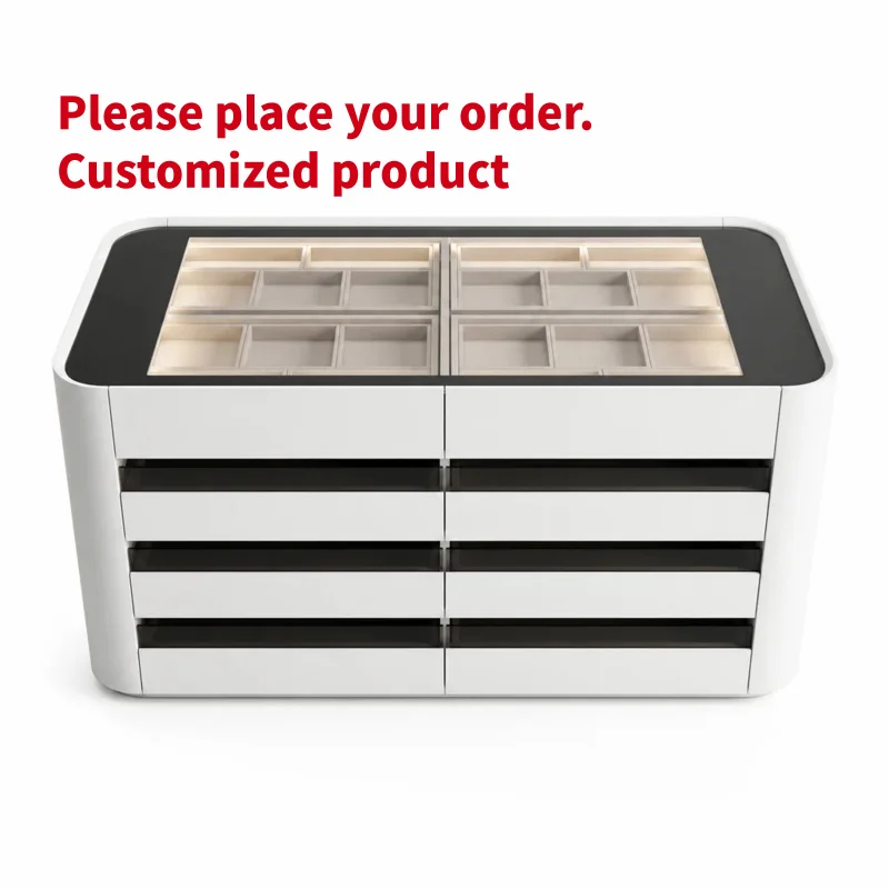 custom.Custom White High Gloss Jewelry Display Island with Drawers Glass Top LED Lighting Mall Store