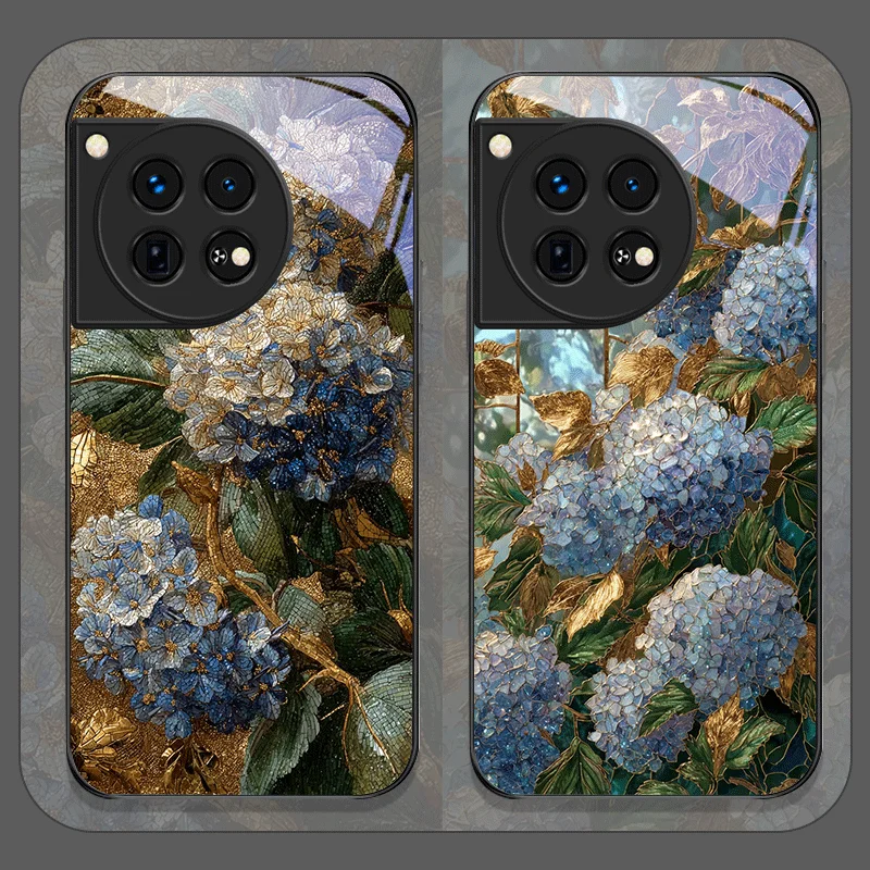 

Elegant Flower Blue Hydrangea Pattern Tempered Glass Phone Case for OnePlus 13 R 12 11 ACE2 ACE3 Nord 2T CE4 CE2 CE3 Lite Covers
