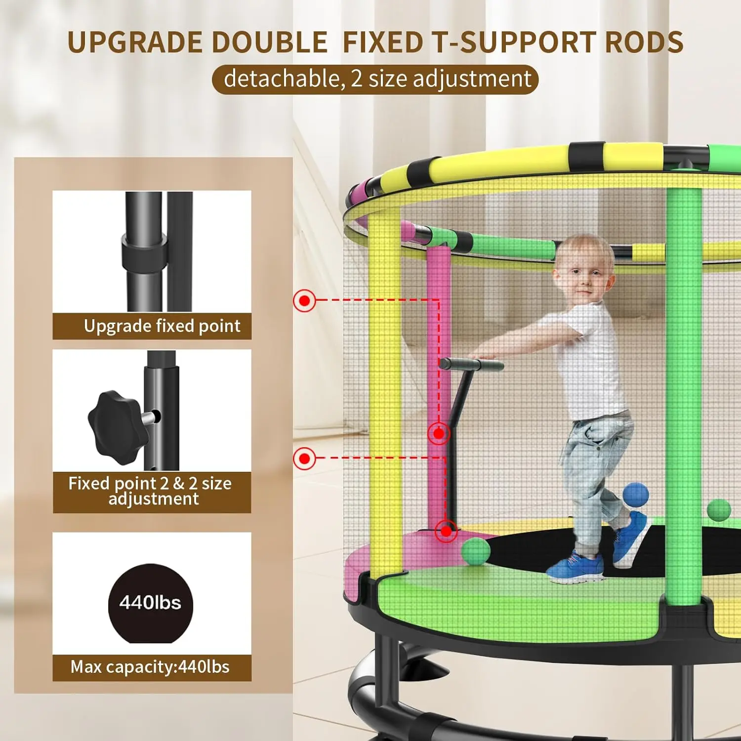 Trampoline for Kids, Full Anti-Rust 440lbs Anti-Rollover Round Bottom Toddler Trampoline, T-handrail Adjustable Baby Toddler