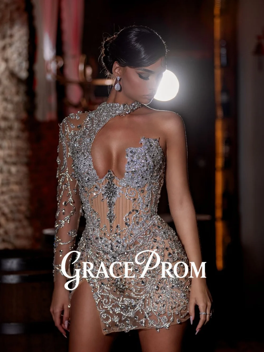 

GraceProm Silver Crystal Cocktail Dress Glamorous One-Shoulder Cutout Sheath Gown Formal Short-Length Party Dress