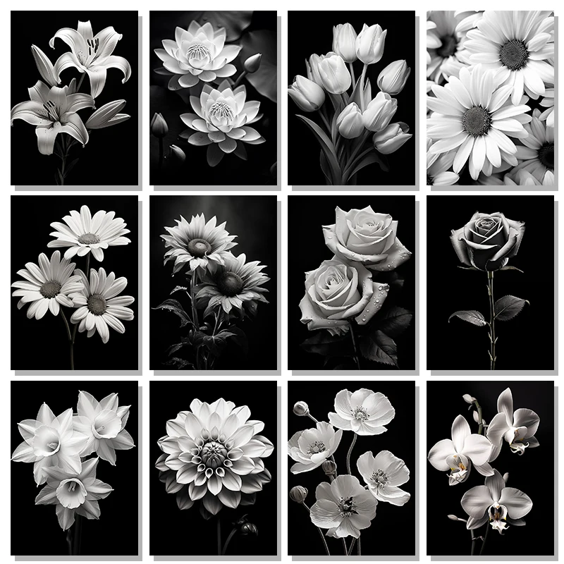 Modern Black and White Flower Posters Abstract Canvas Painting Print Pictures Wall Art Poster Home Living Room Decor Frameles