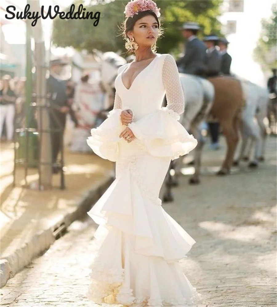 Ivory Mermaid Prom Dresses Flamenca Formal Dance Dresses Fairy Long Sleeve Polka Dots Illusion Mesh Spanish Evening Dress