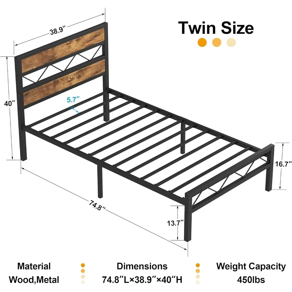 VECELO Full/Twin/Queen optional Metal Platform Bed Frame with Rustic Vintage Wooden Headboard, Heavy Duty Metal Slats Support