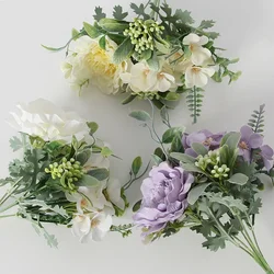 5Head Rose Bouquet Artificial Peony Silk Flowers DIY Pink Hydrangea Plastic Fake Flowers Wedding Decoration Table Centerpieces
