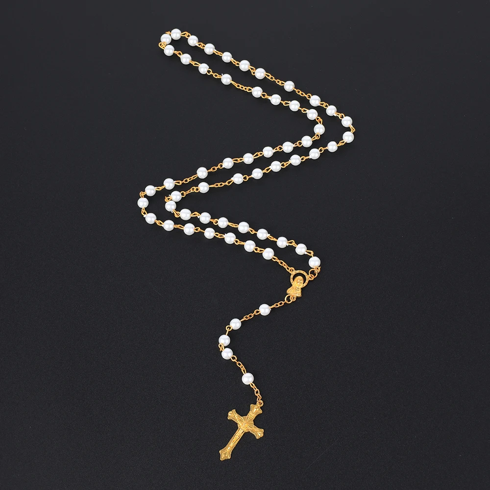 Colar de rosário de pérola redonda, 6mm, para mulheres, crucifixo religioso católico, pingente de cruz, contas longas, corrente, homens, joias de oração, presente