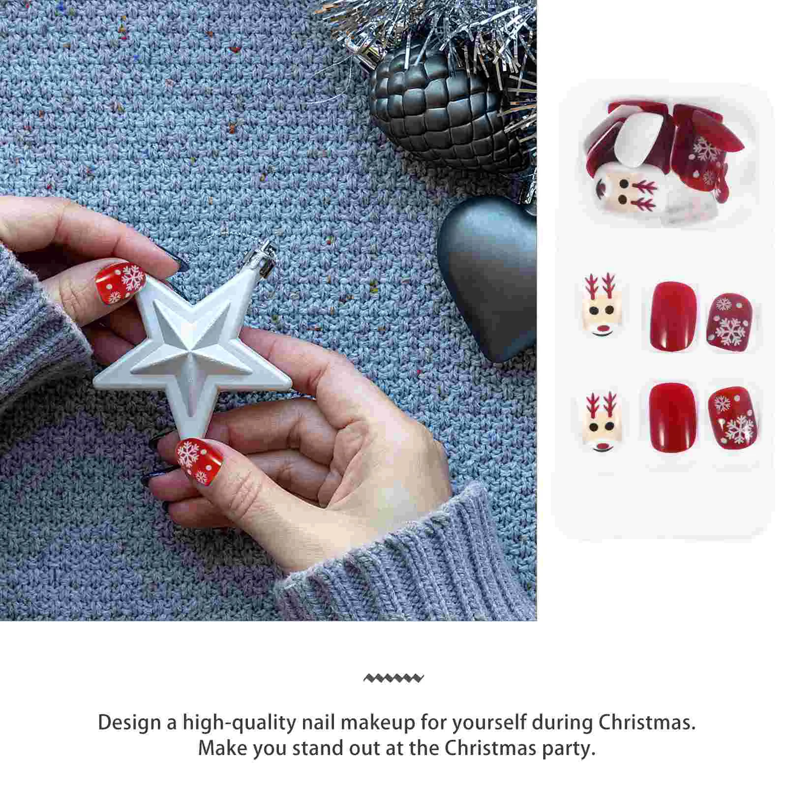 48 Pcs Christmas Fake Nails Decals Reindeer Decorate Full Cover False Abs Xmas Tip Artificial Girls Press On